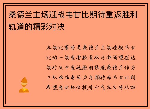 桑德兰主场迎战韦甘比期待重返胜利轨道的精彩对决